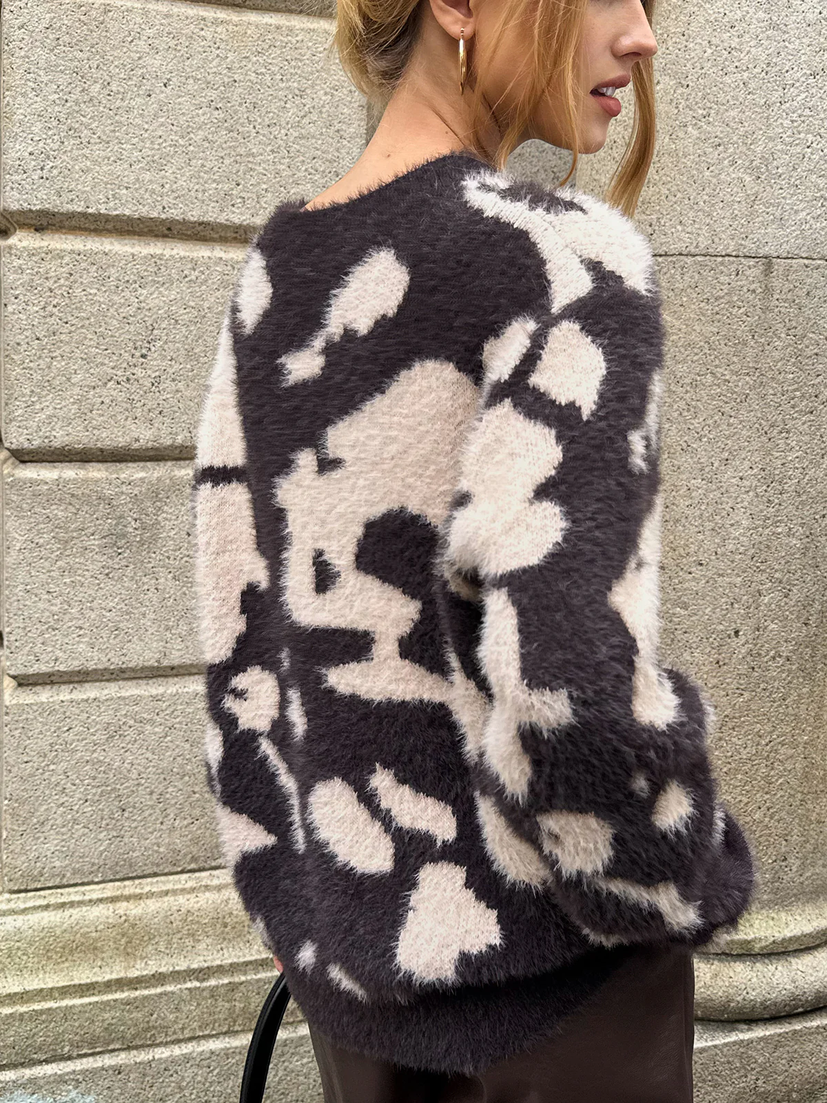 Cow Print Fuzzy Crew Neck Sweater - Image 6