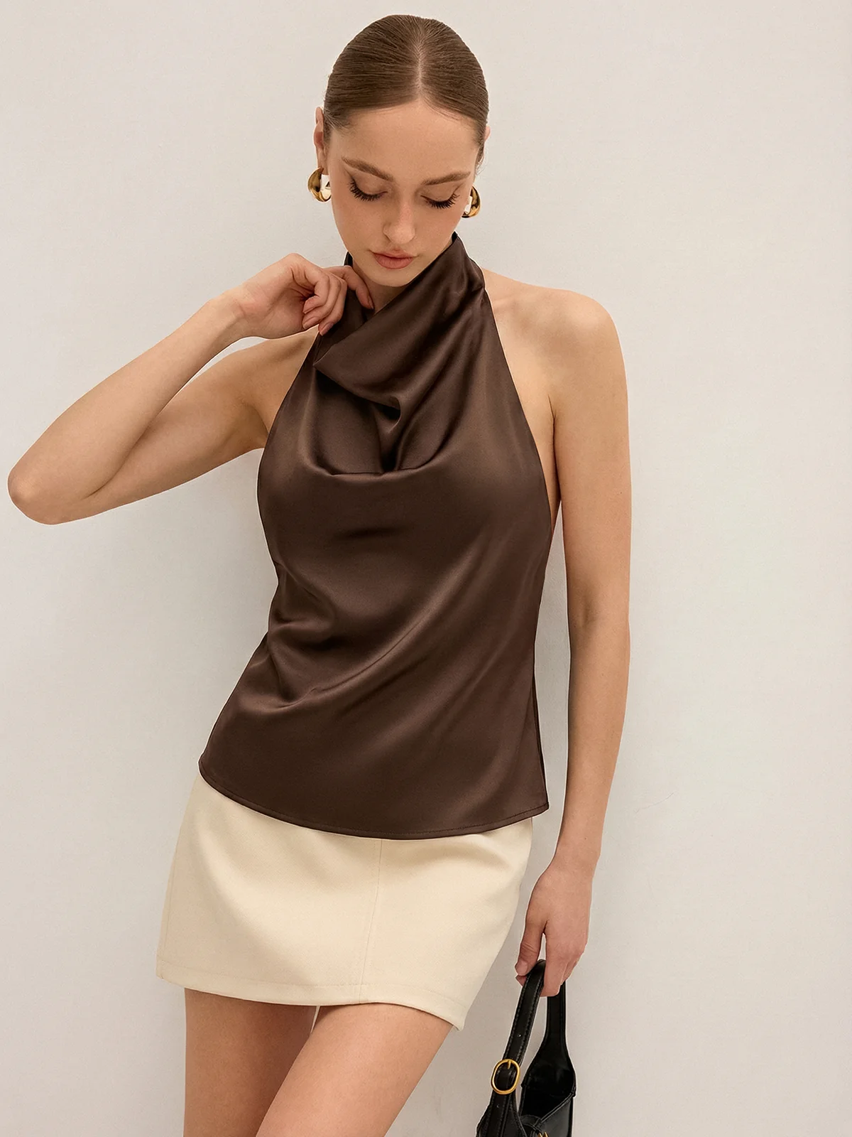 Cowl Neck Backless Satin Halter Top