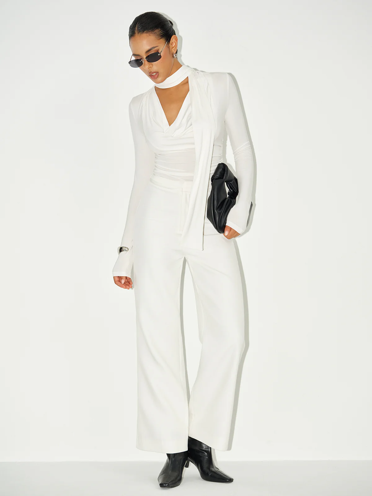 Cowl Neck Long Sleeve Tie Detail Knit Top - Image 3