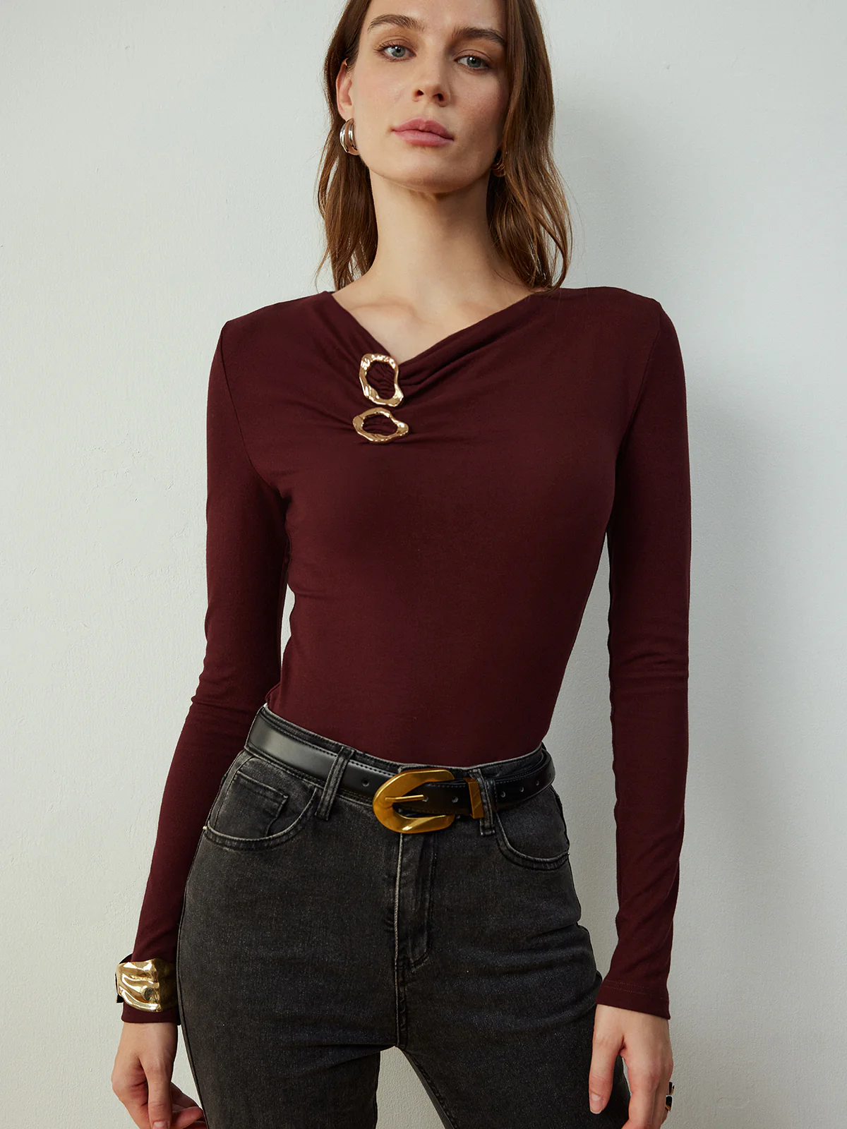 Cowl Neck Metal Decor Slim T-Shirt - Image 2