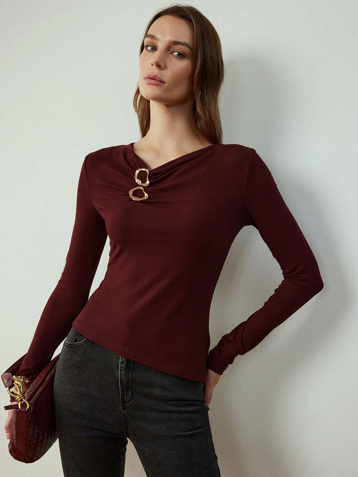 Cowl Neck Metal Decor Slim T-Shirt - Image 3