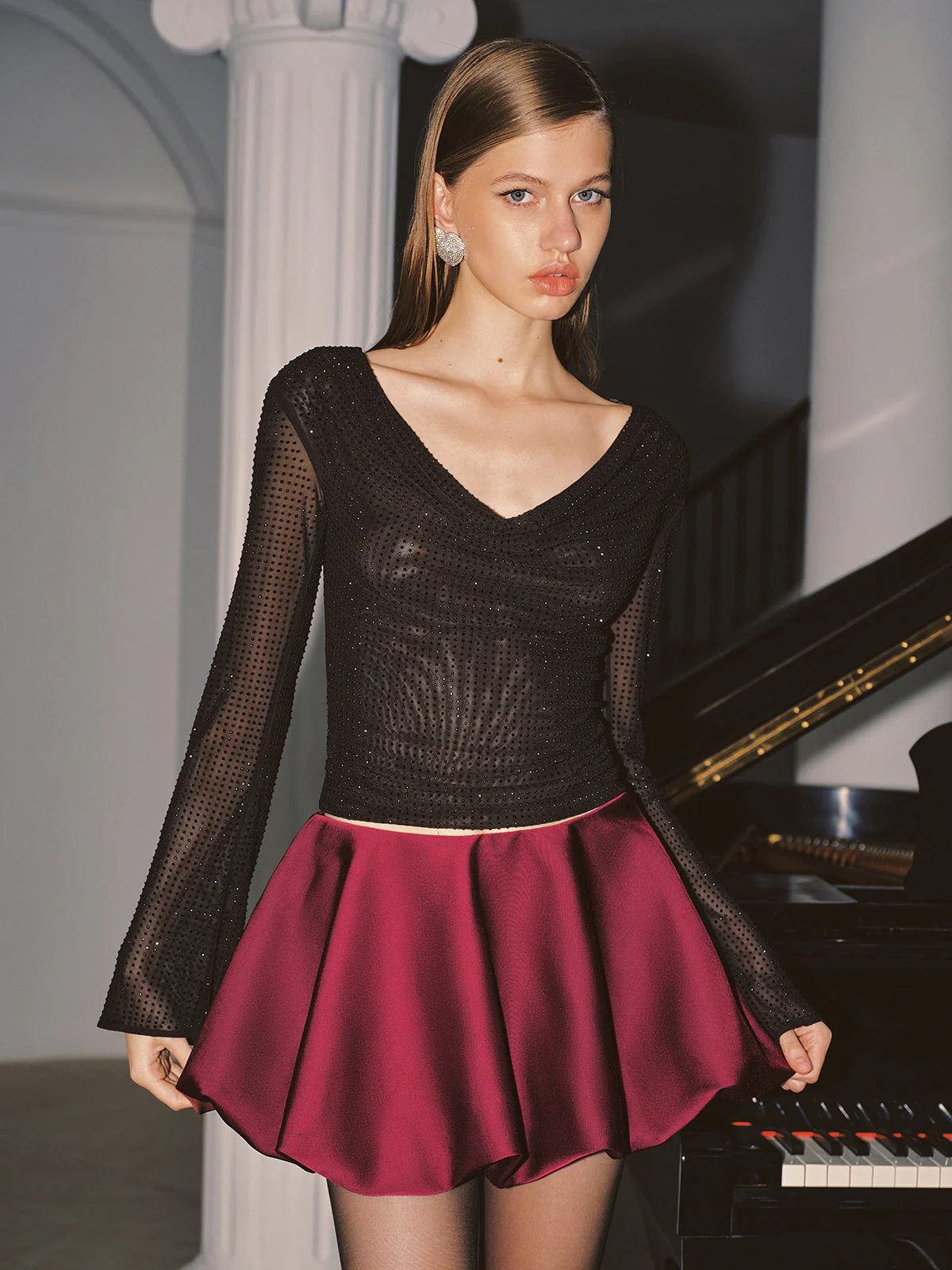Cowl Neck Rhinestone Long Sleeve Top - Image 3