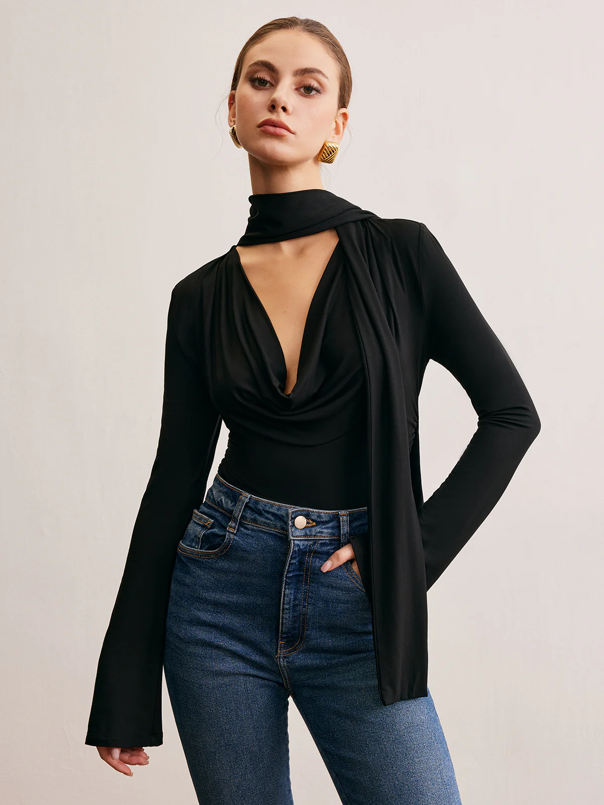 Cowl Neck Ribbon T-Shirt - Image 3