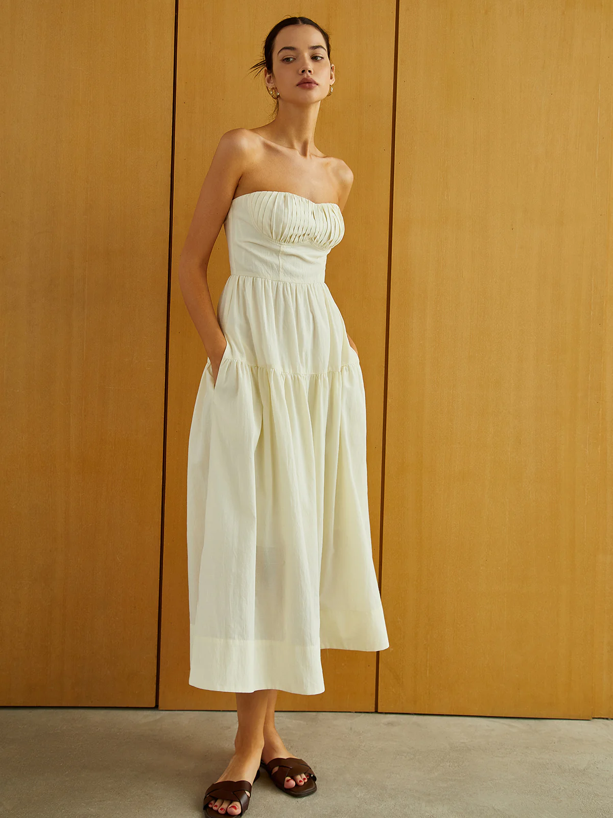 Creamy Zipper Pleated Midi Dress - Image 6