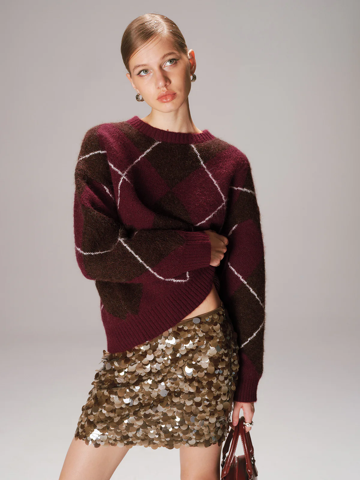 Crew Neck Argyle Wool-Blend Sweater - Image 3