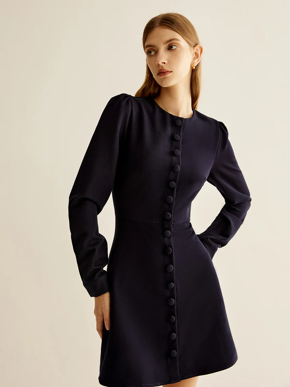 Crew Neck Breasted Slim Dress - Image 3