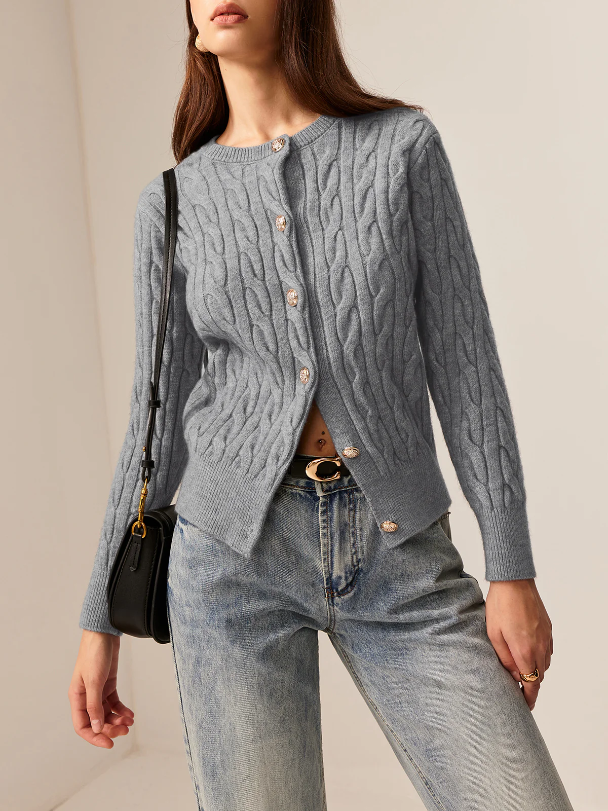 Crew Neck Button Down Cable Cardigan - Image 2