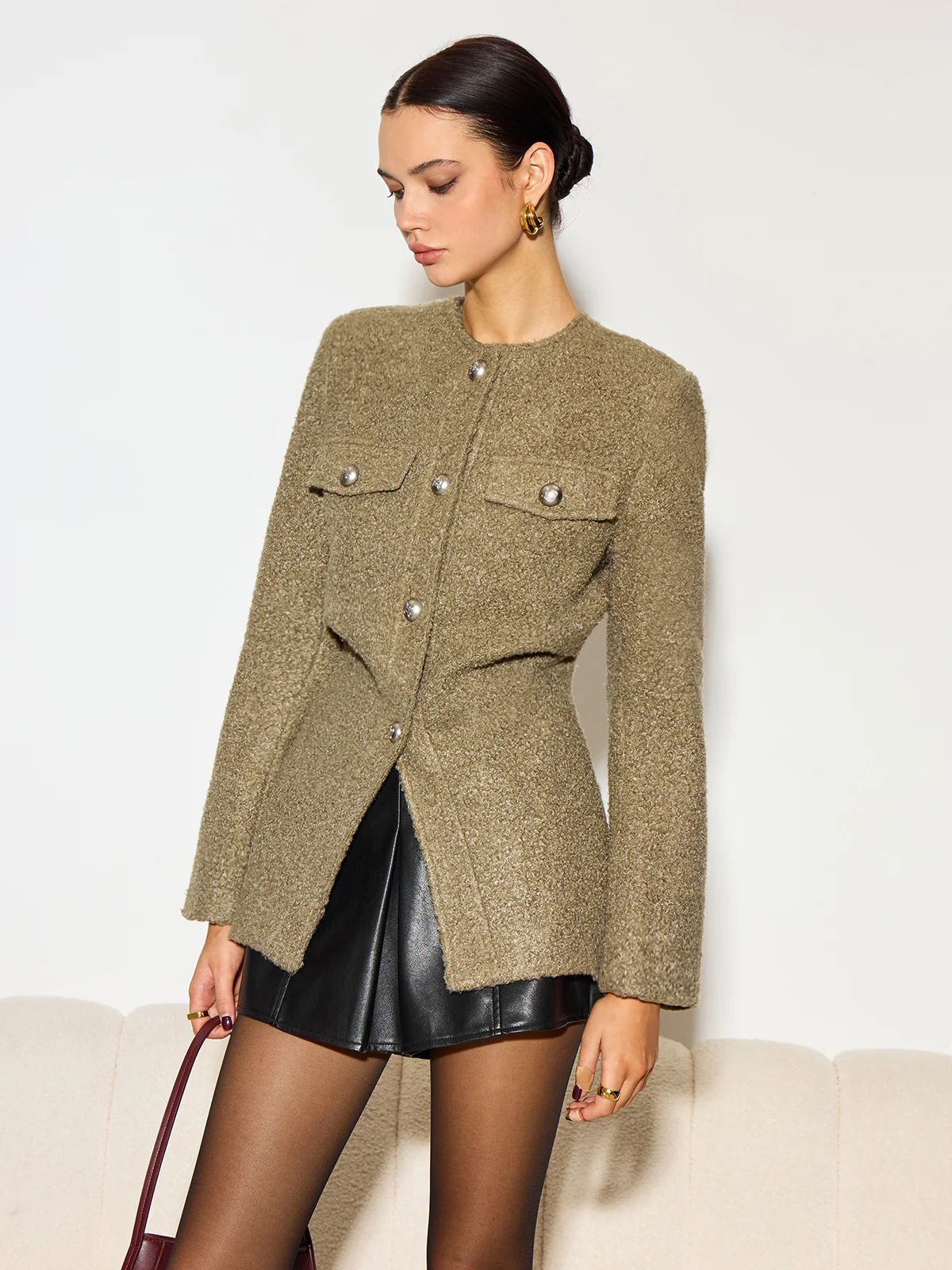 Crew Neck Button Down Tweed Coat - Image 2