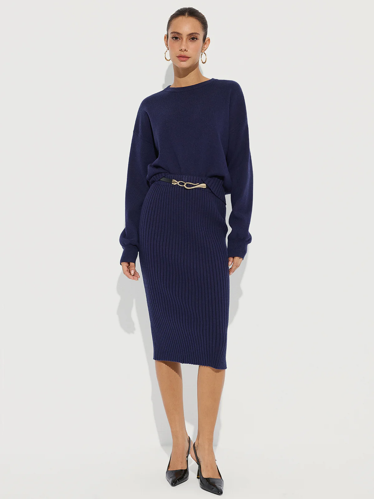 Crew Neck Knit Sweater and Ribbed Midi Skirt
