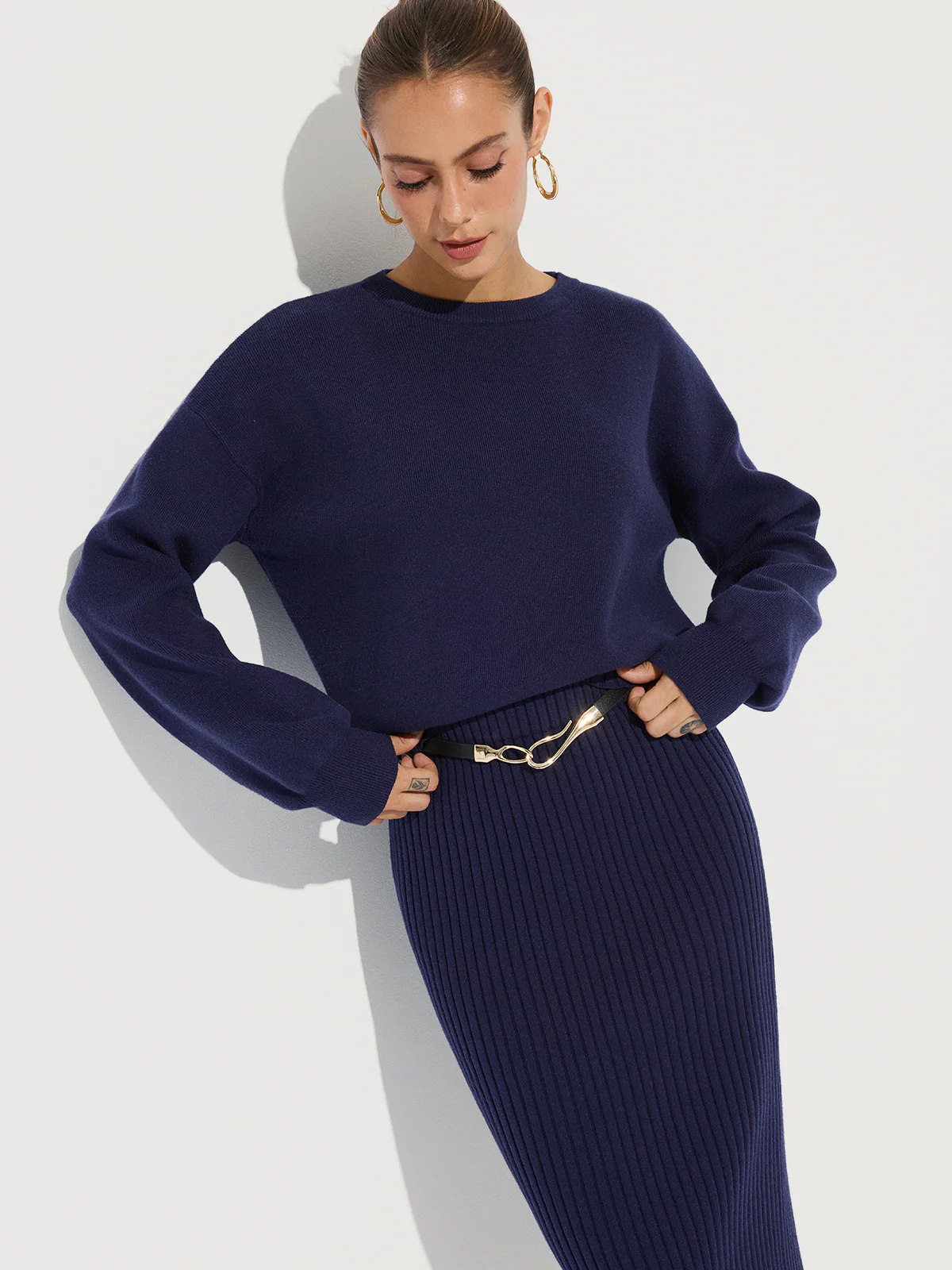 Crew Neck Knit Sweater and Ribbed Midi Skirt - Image 2