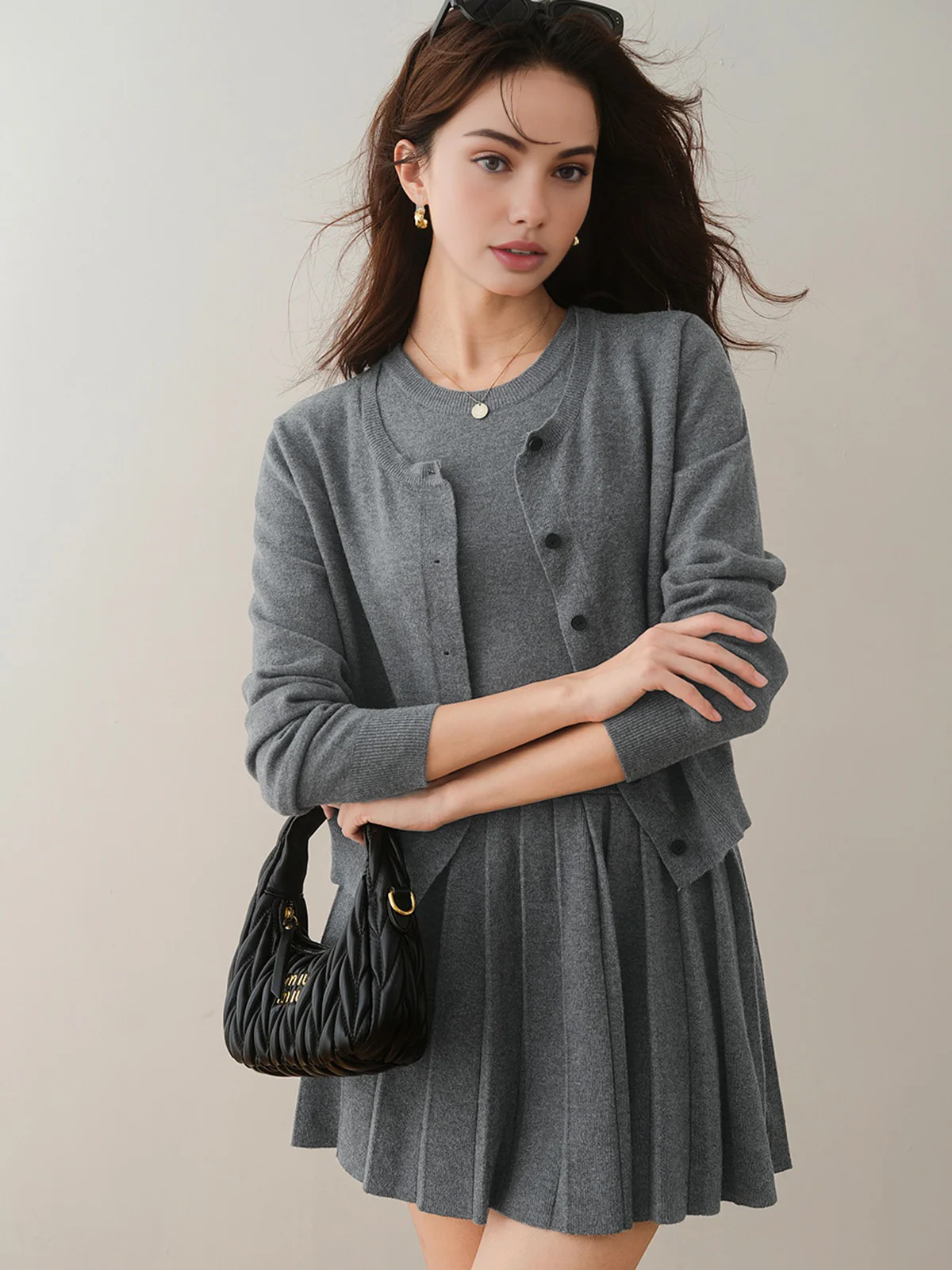 Crew Neck Pleated Belted Skirt Set