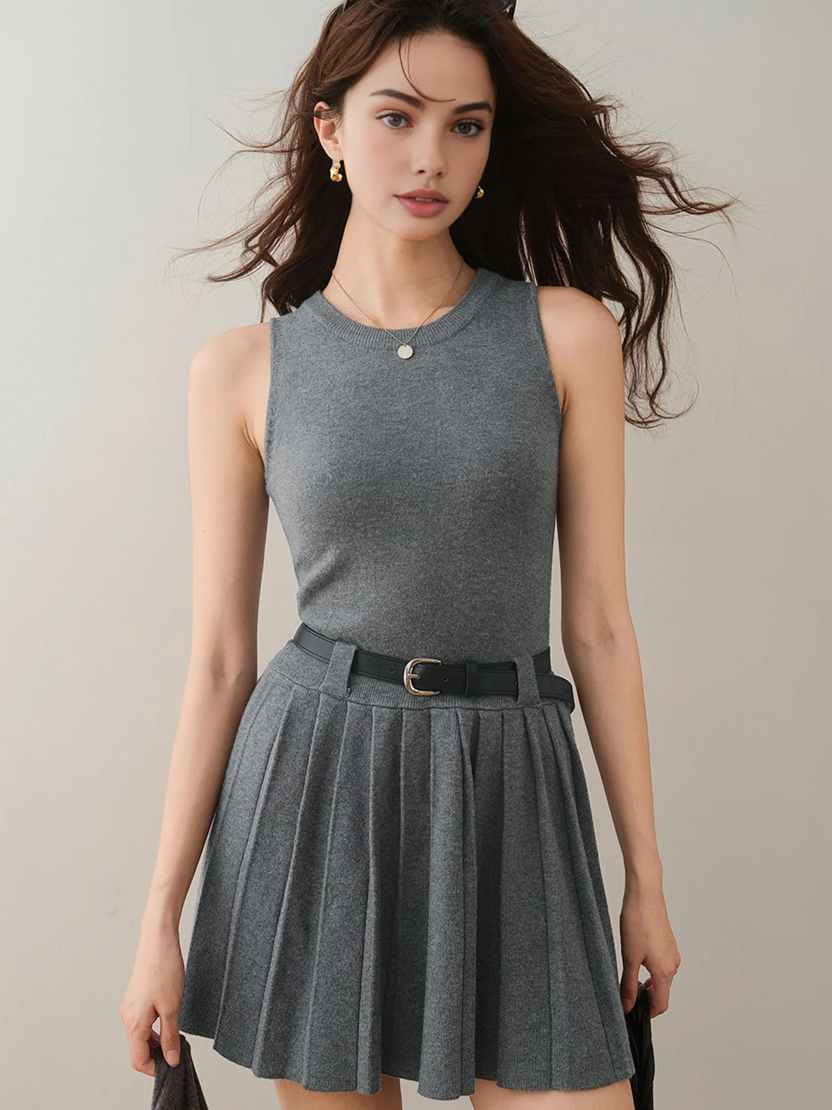 Crew Neck Pleated Belted Skirt Set - Image 2