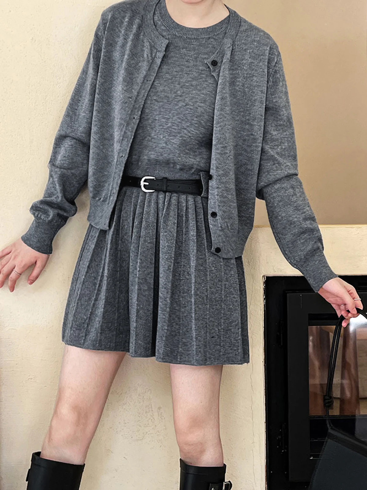 Crew Neck Pleated Belted Skirt Set - Image 3