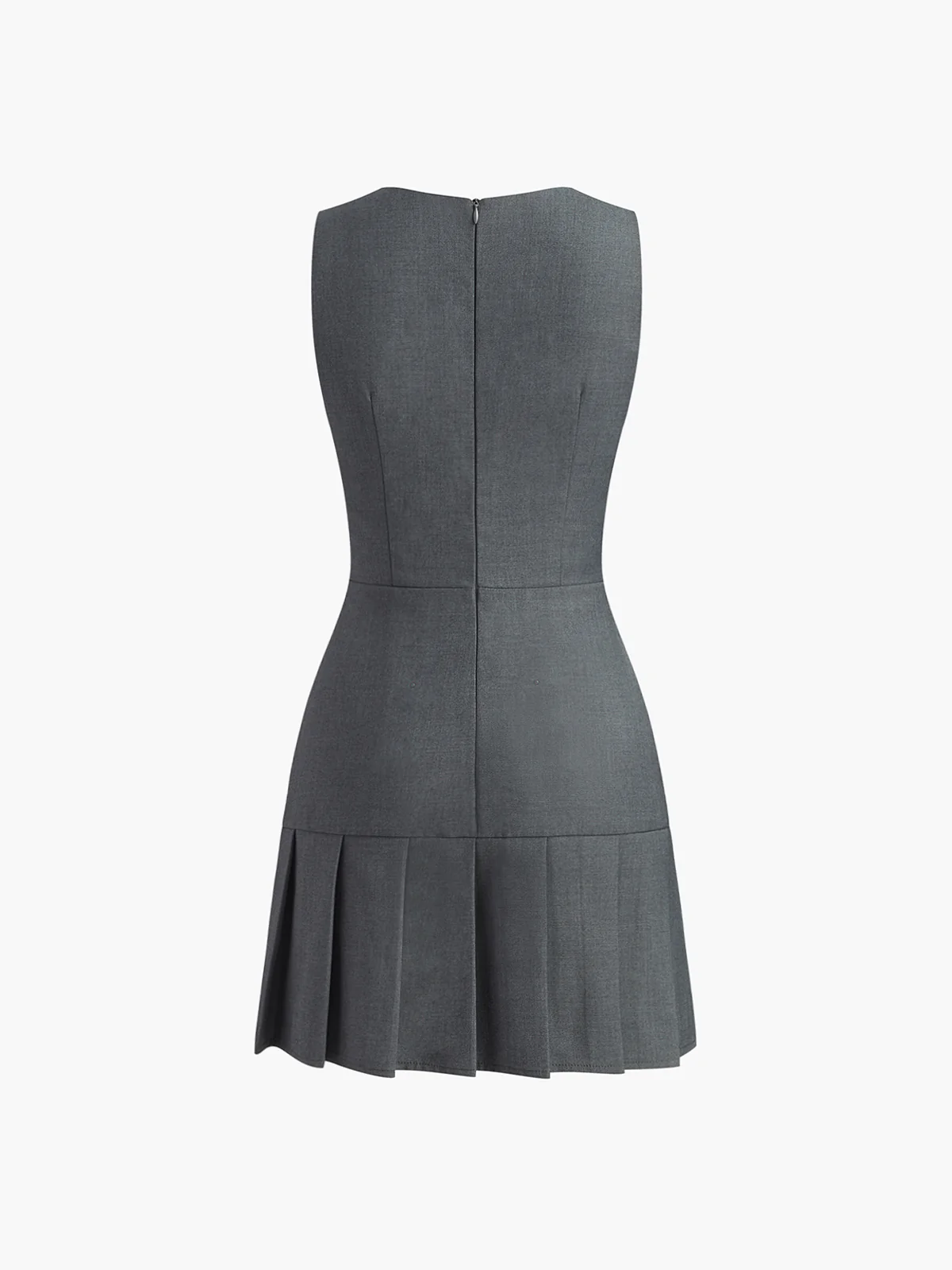 Crew Neck Pleated Zipper Plain Dress - Image 2