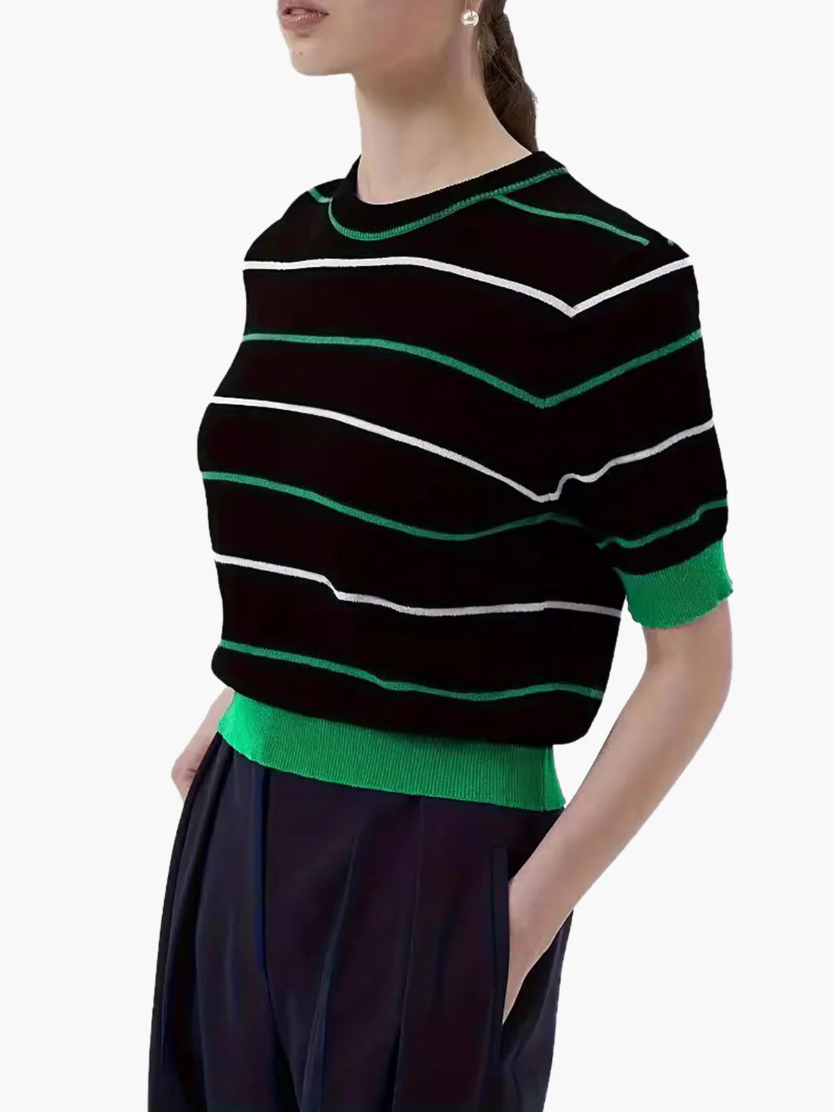 Crew Neck Striped Knit Top - Image 2