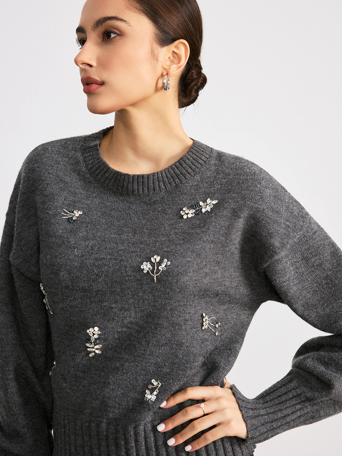 Crew Neck Sweater with Floral Crystal Embellishments - Image 2