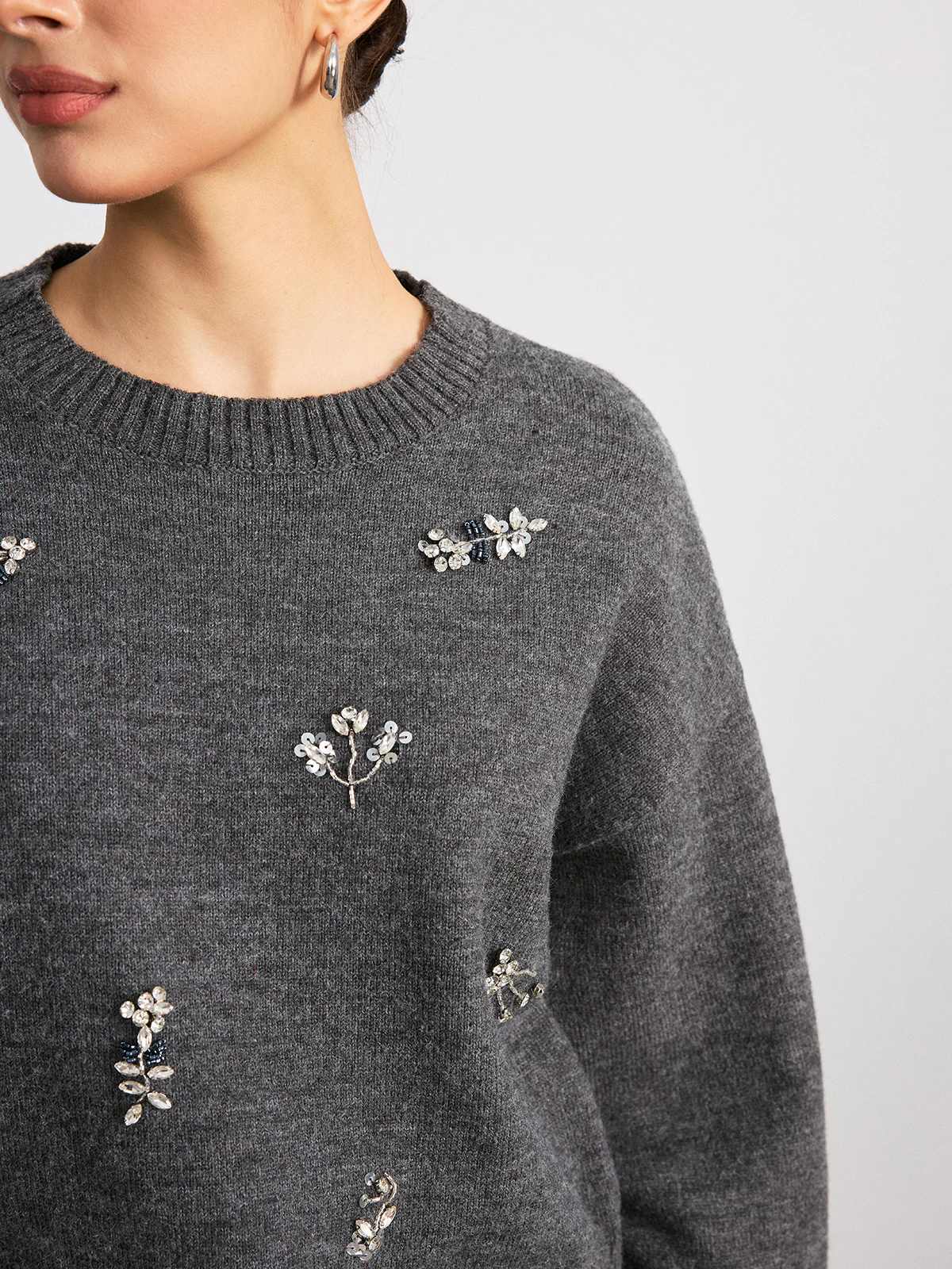 Crew Neck Sweater with Floral Crystal Embellishments - Image 6
