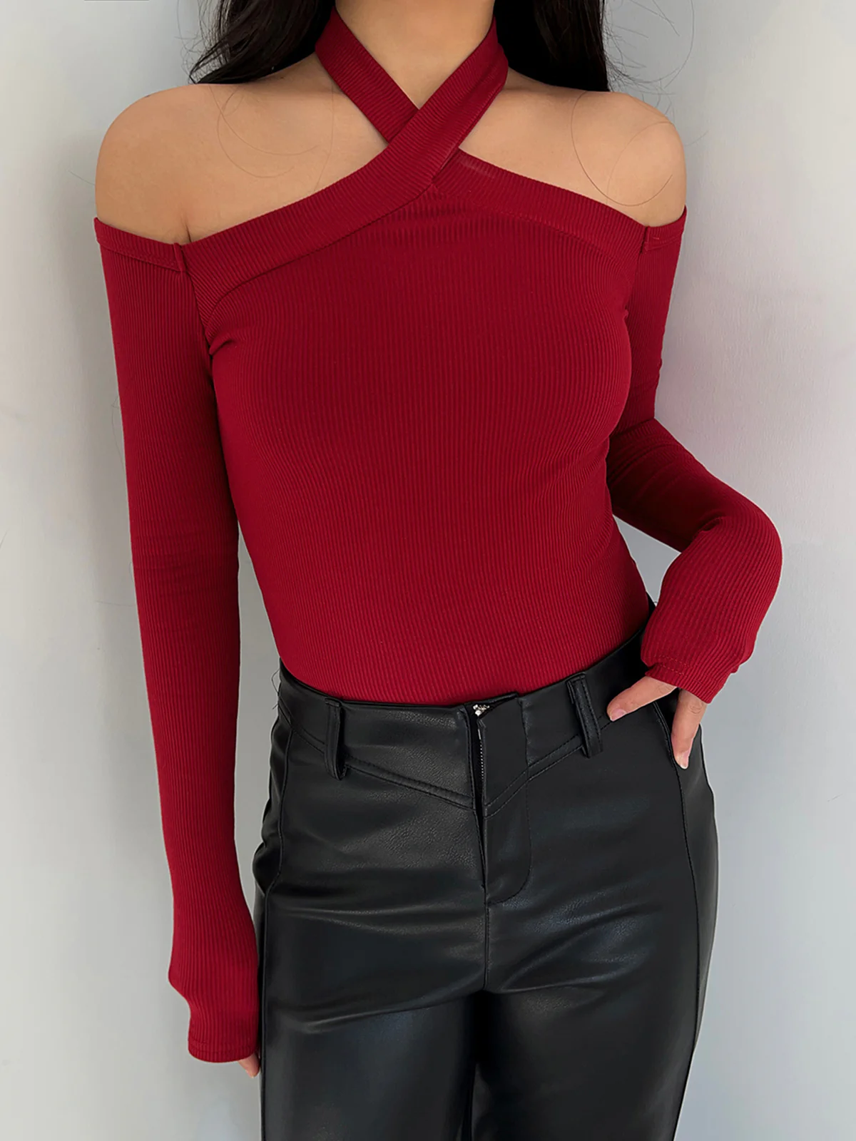 Criss Cross Cold-Shoulder Ribbed Top - Image 2