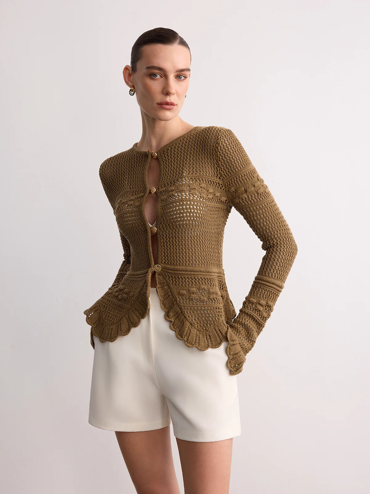 Crochet Knit Scalloped Hem Long Sleeve Cardigan