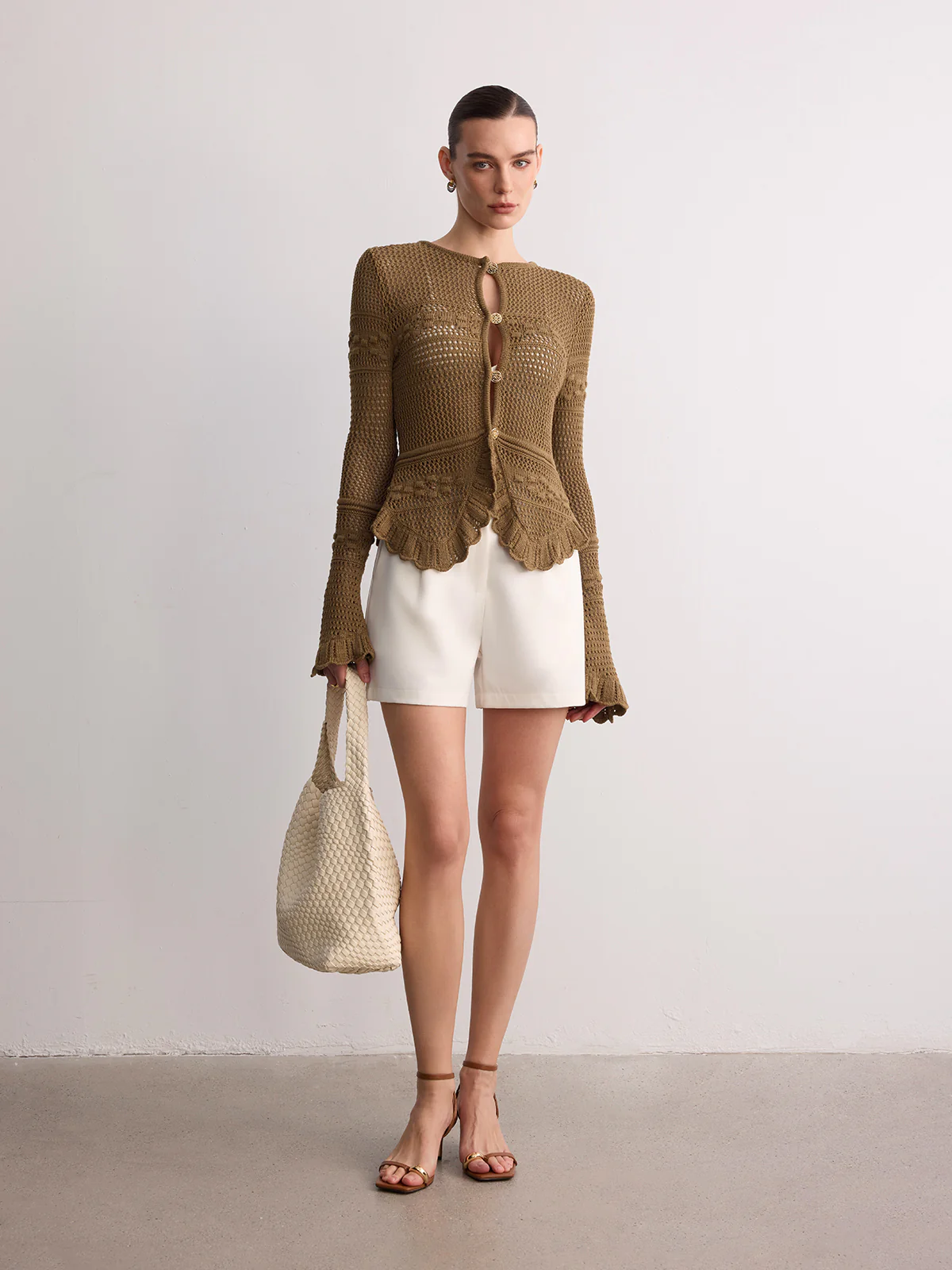 Crochet Knit Scalloped Hem Long Sleeve Cardigan - Image 2