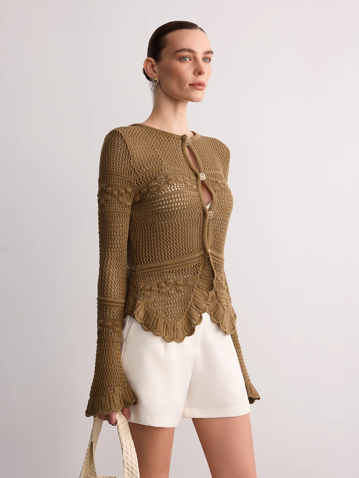Crochet Knit Scalloped Hem Long Sleeve Cardigan - Image 3