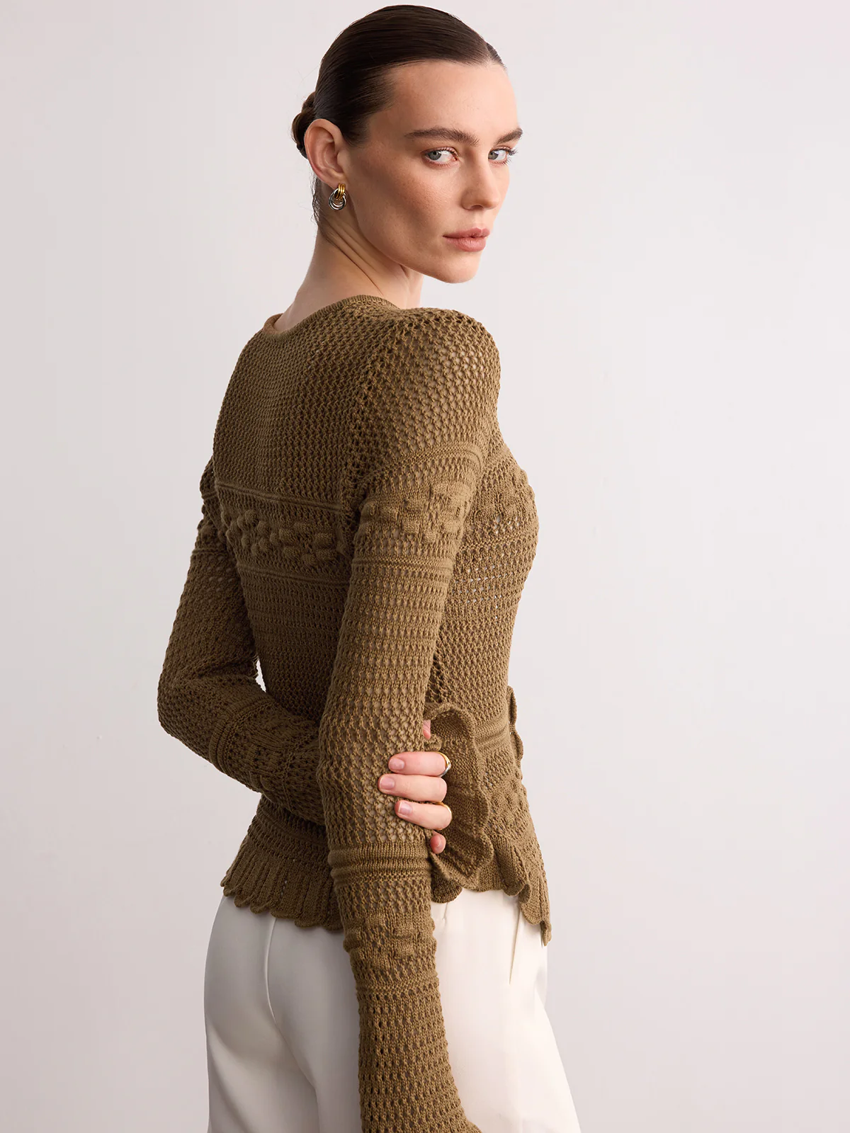 Crochet Knit Scalloped Hem Long Sleeve Cardigan - Image 4