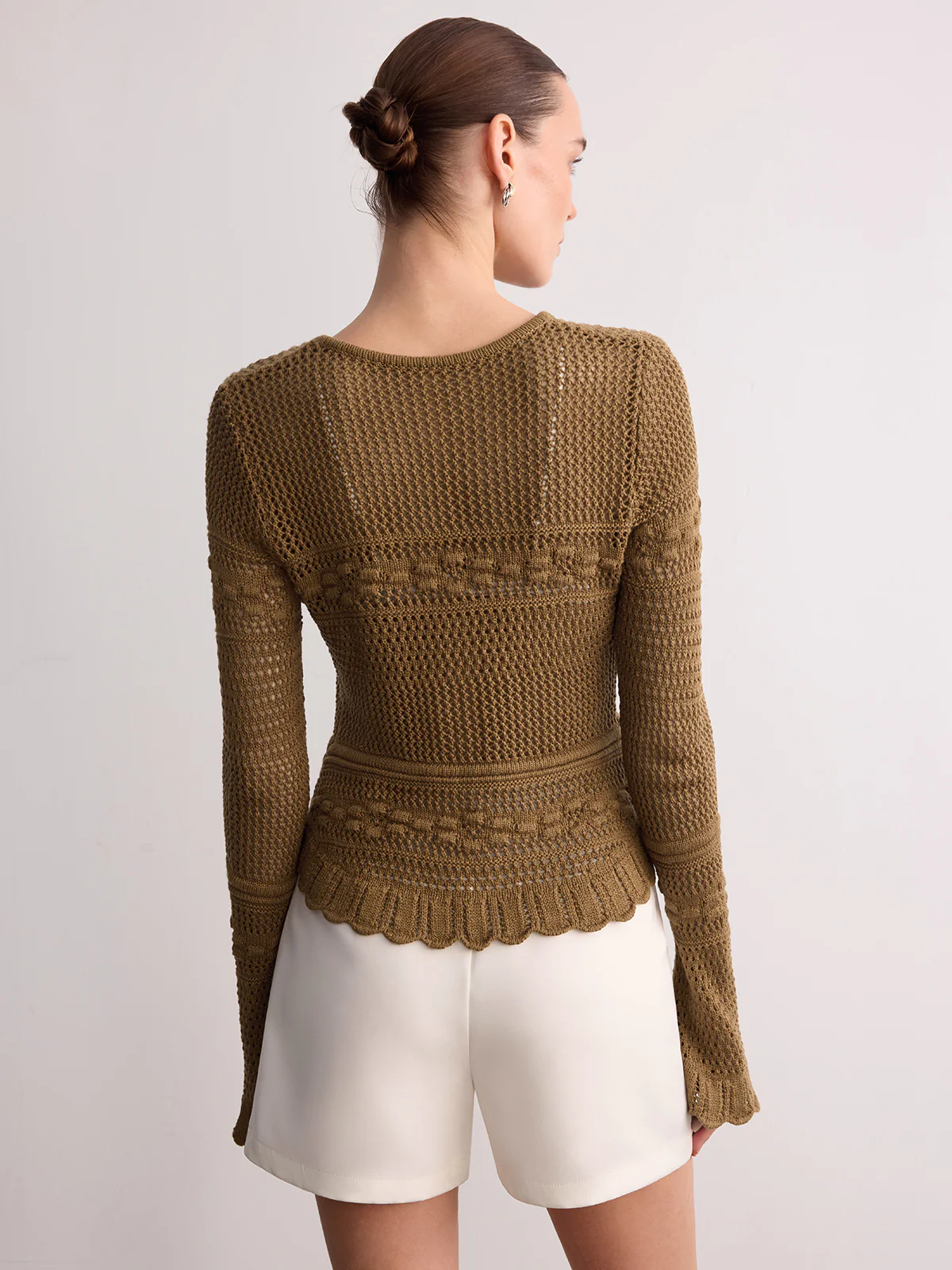 Crochet Knit Scalloped Hem Long Sleeve Cardigan - Image 6