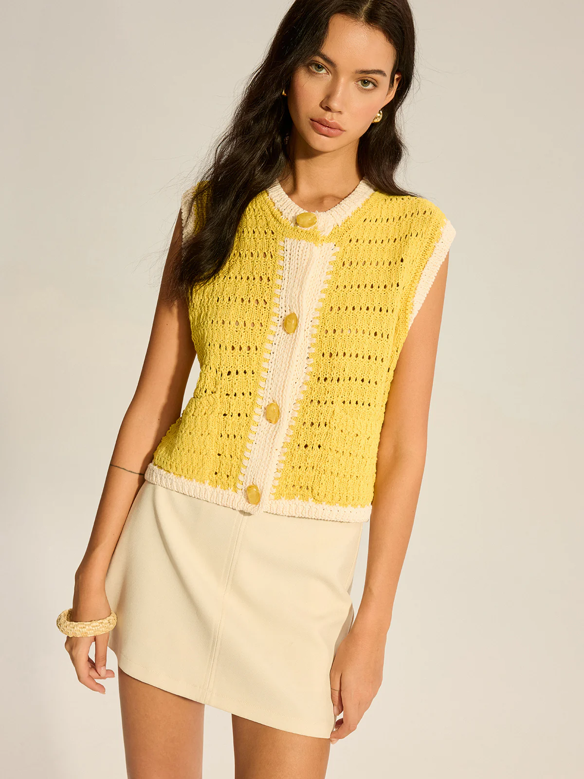 Crochet Knit Vest with Contrast Trim - Image 2