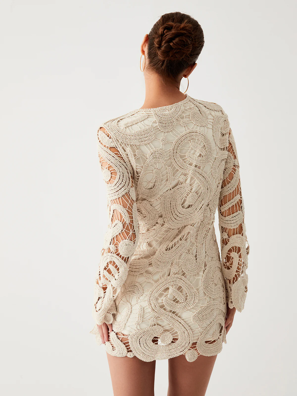 Crochet Paisley Long Sleeve Short Dress - Image 2
