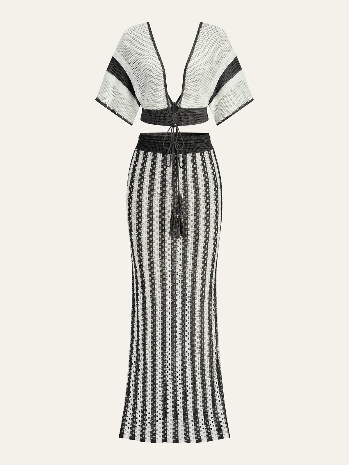 Crochet Stripe Skirt Set With Tassel Tie Waist - Image 9