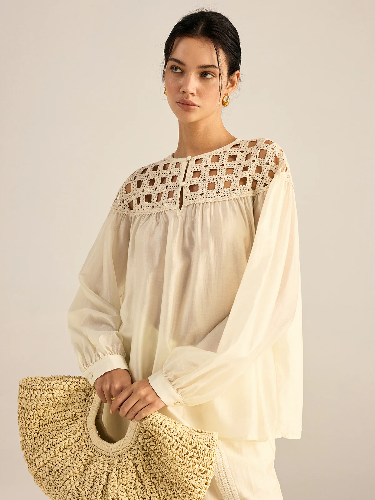 Semi-Sheer Crochet Tencel Blouse - Image 4