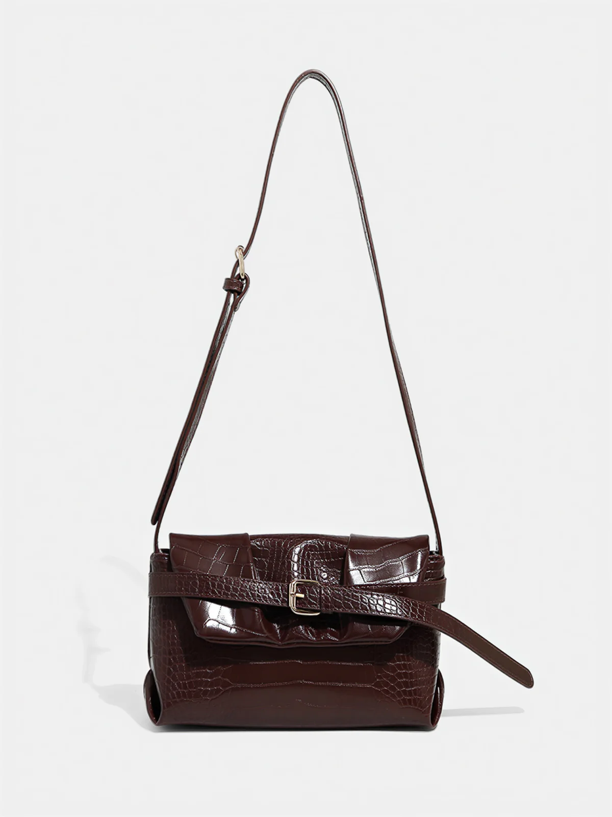 Crocodile-Embossed Buckle Crossbody Bag