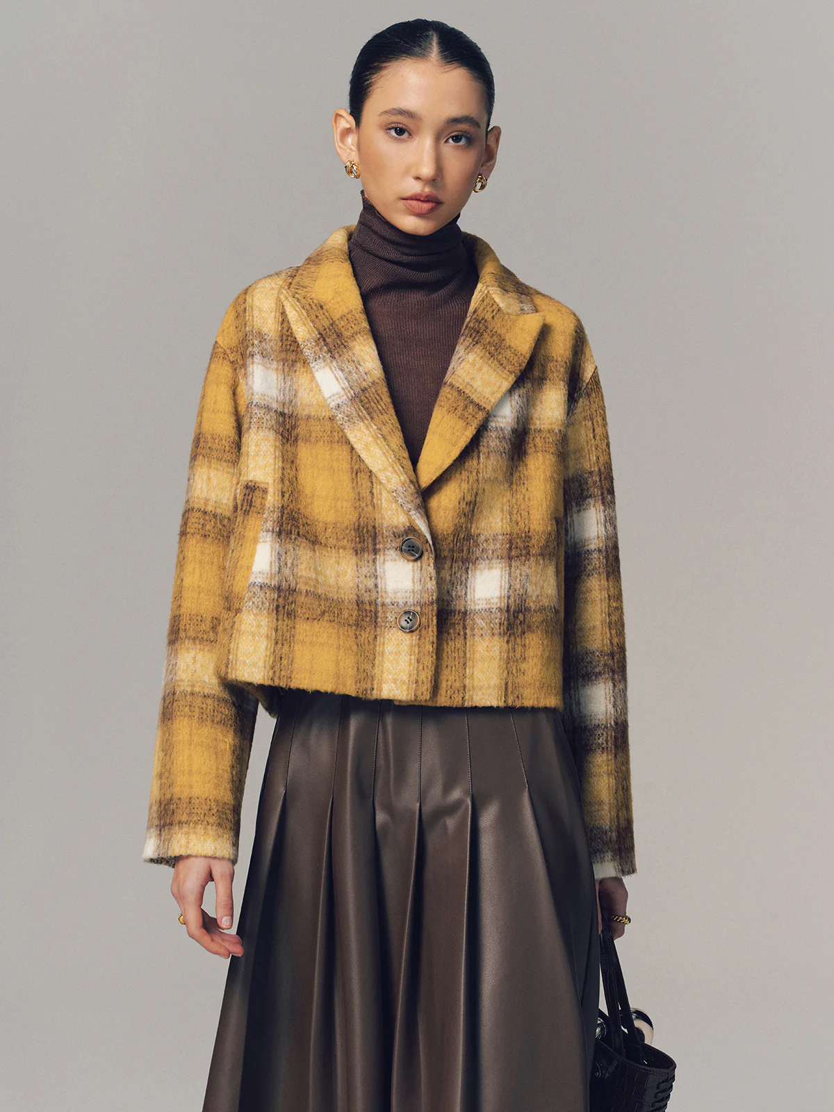 Cropped Plaid Felt Blazer - Image 3