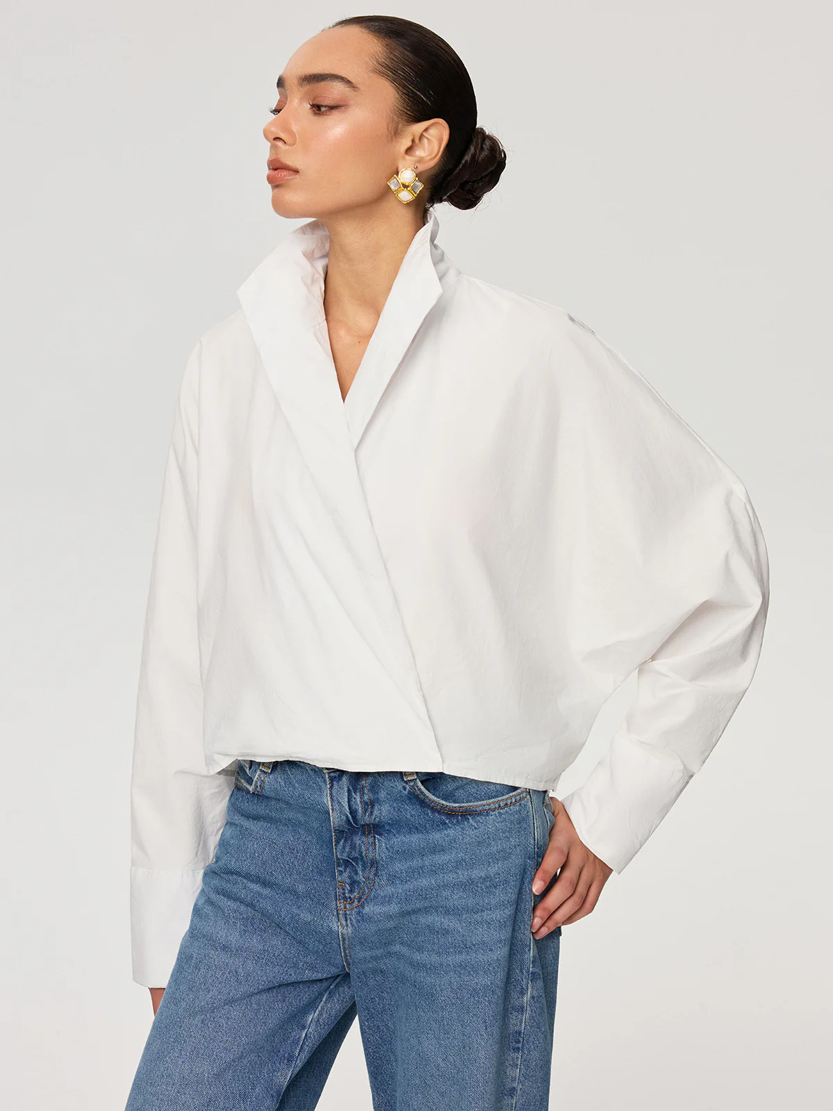 Cropped Stand Collar Cotton Shirt