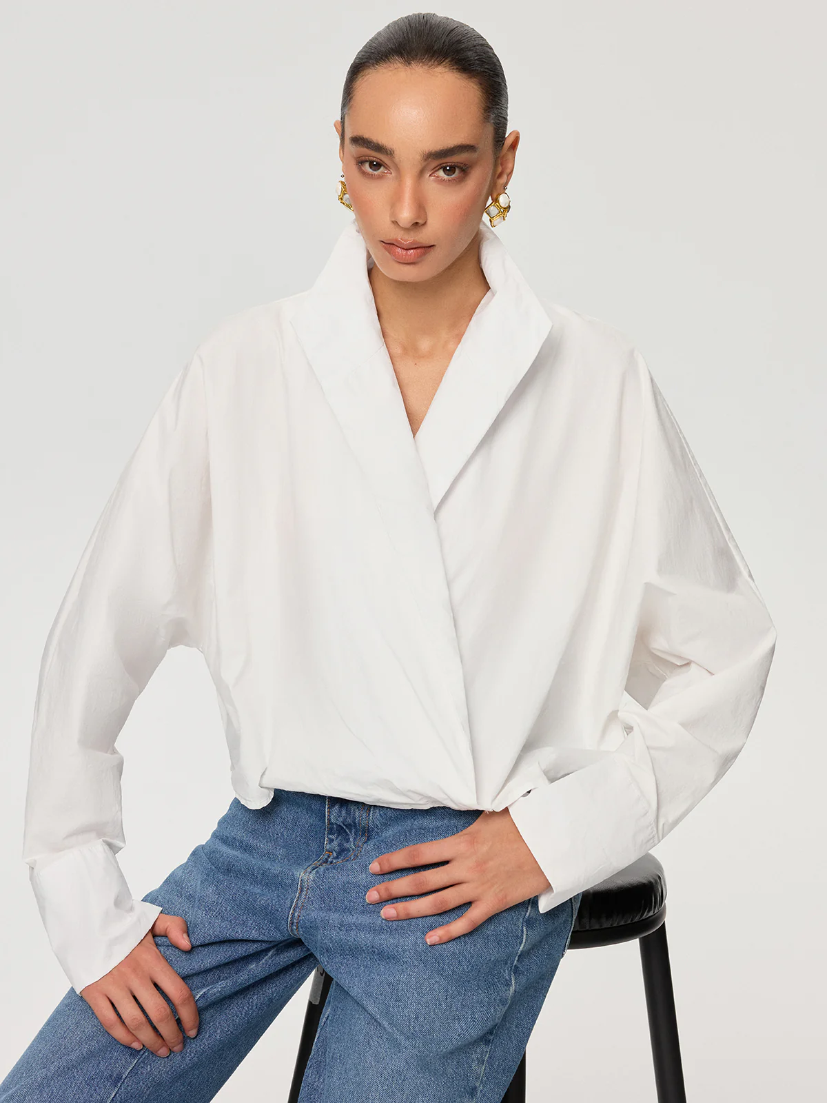 Cropped Stand Collar Cotton Shirt - Image 6