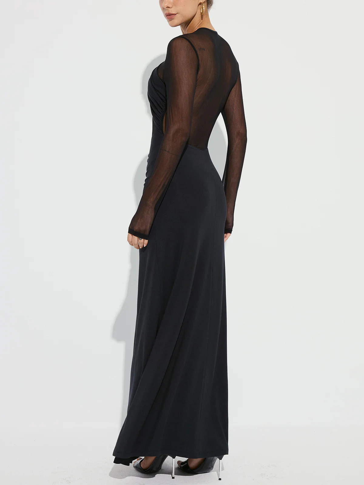 Cross-Front Ruched Mesh Paneled Maxi Dress - Image 3