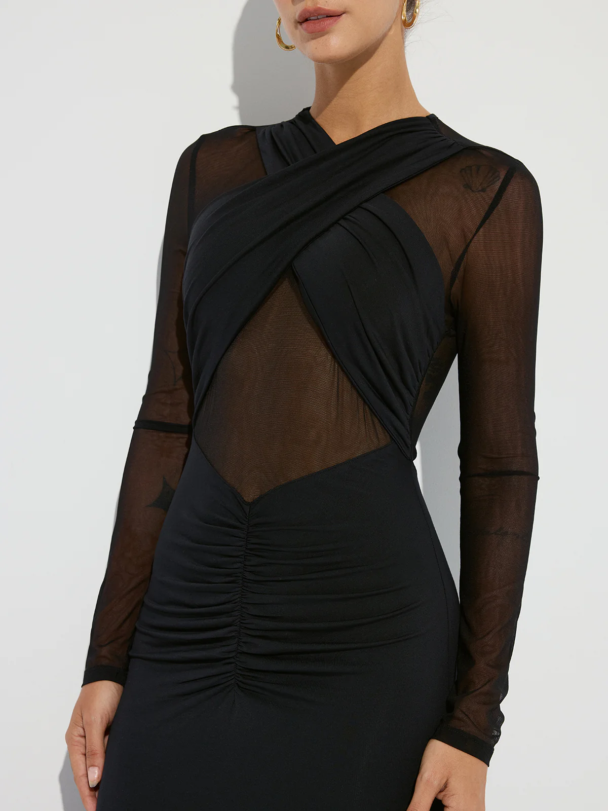 Cross-Front Ruched Mesh Paneled Maxi Dress - Image 5