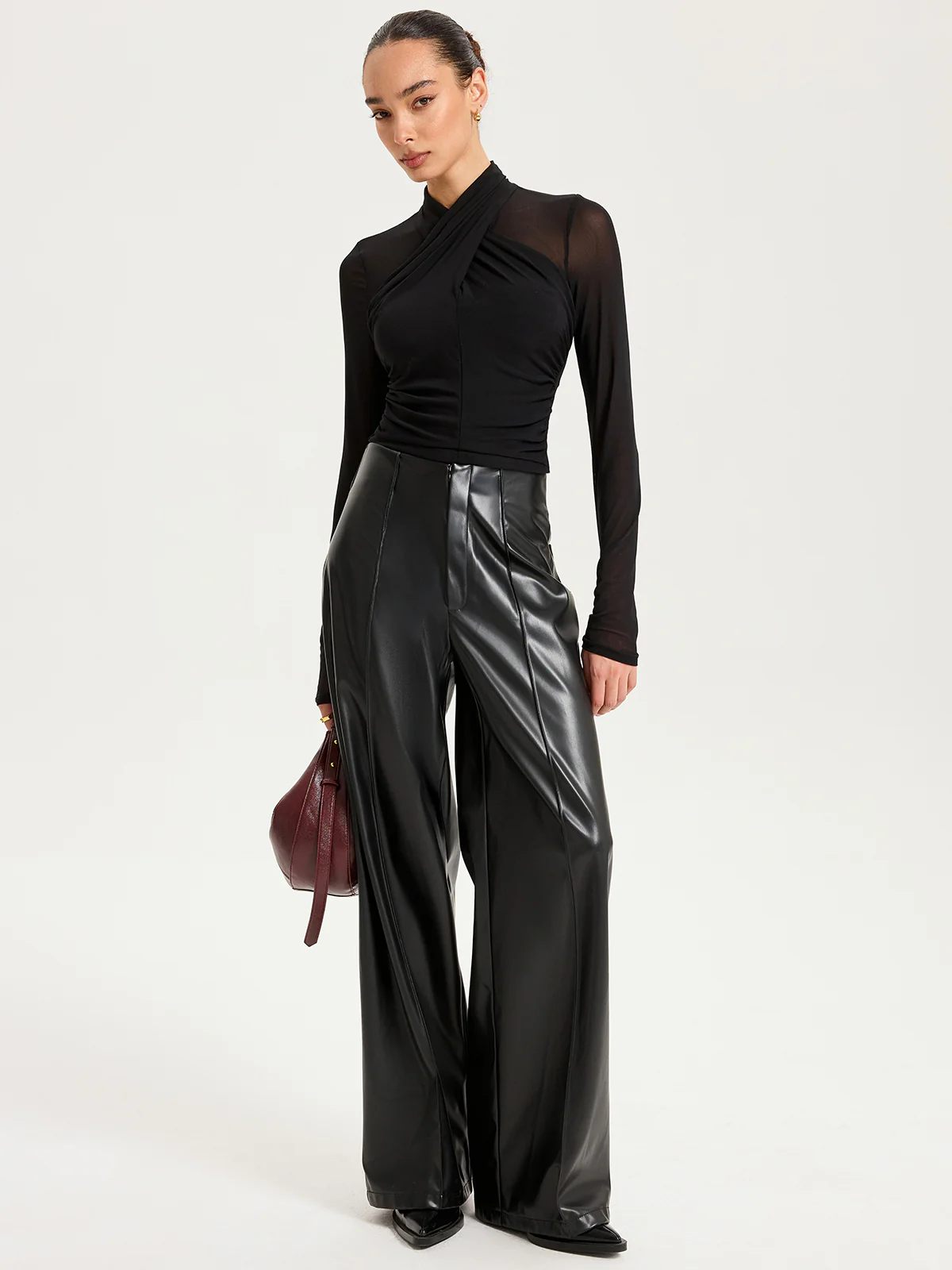 Cross-Front Sheer Mesh Long-Sleeve Top - Image 4