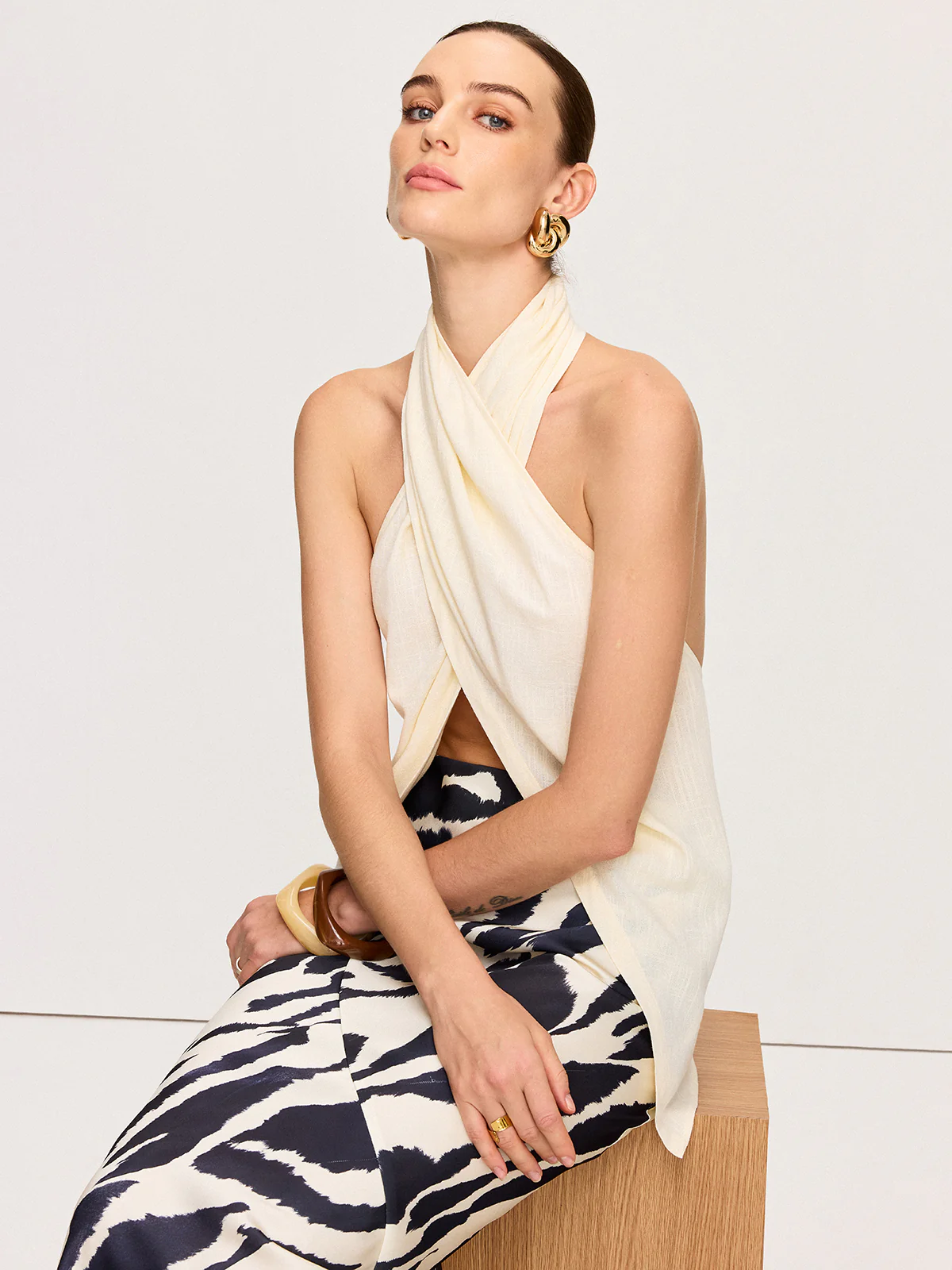 Semi-Sheer Cross-Halter Neck Wrap Top - Image 7