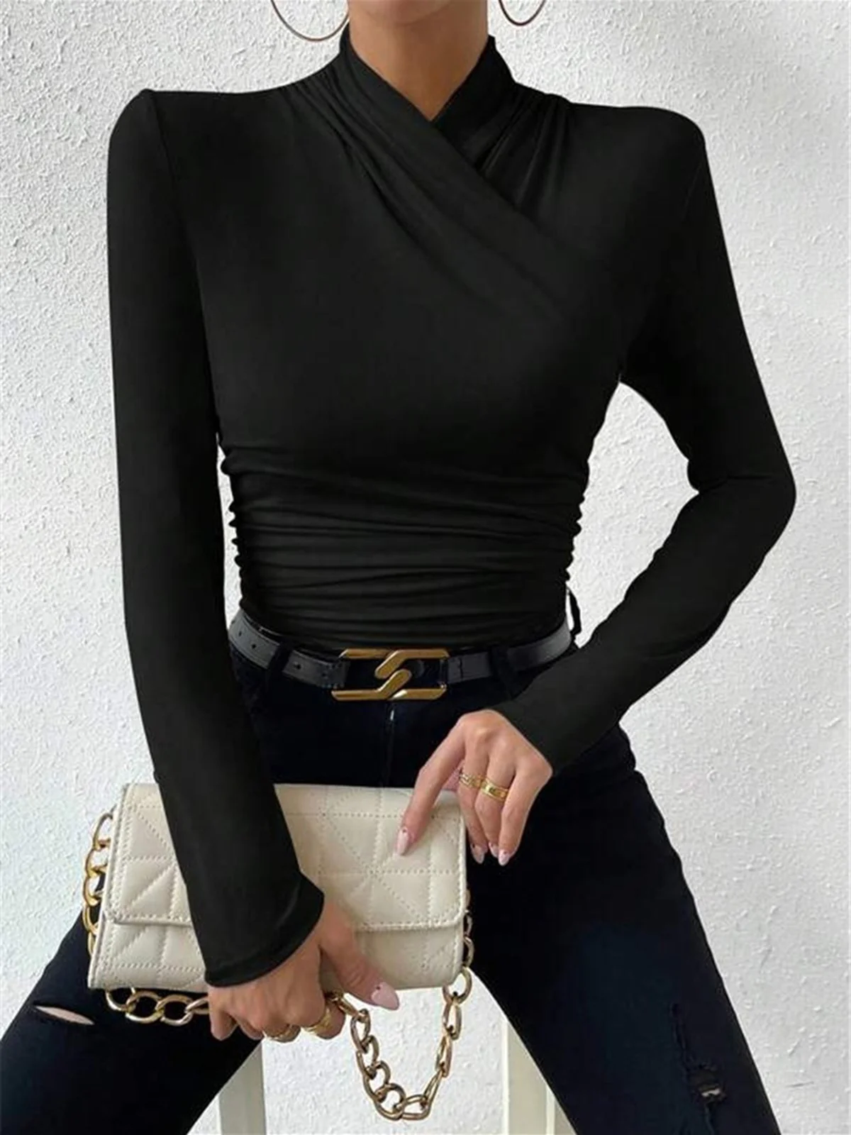Cross-Over Collar Pleated Cinched T-Shirt - Image 6