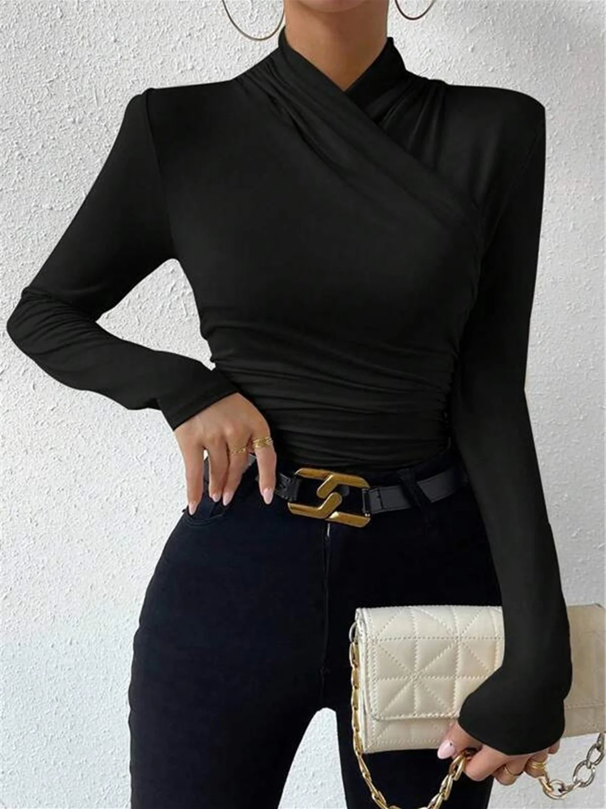 Cross-Over Collar Pleated Cinched T-Shirt - Image 8