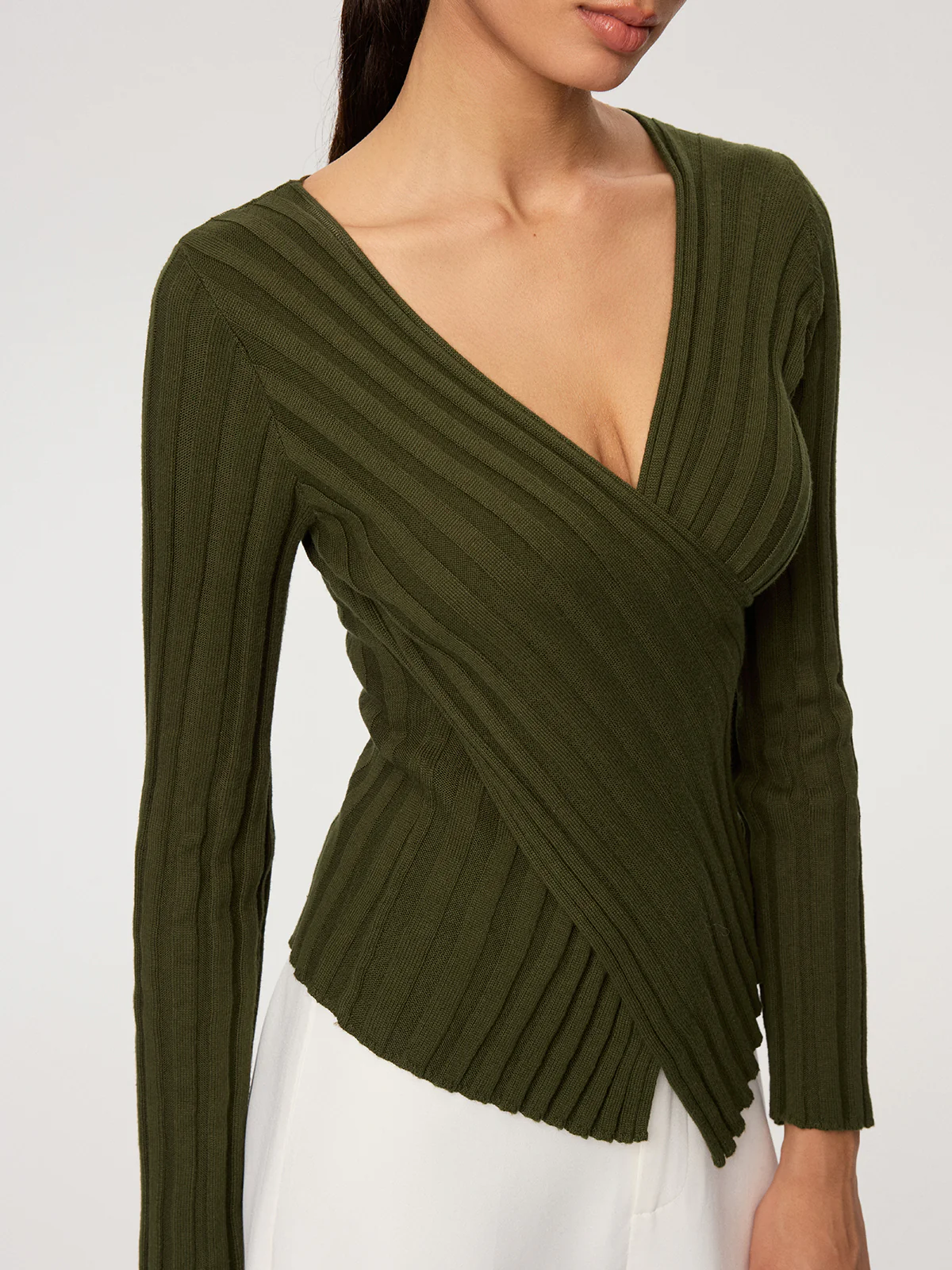 Cross-Over V-Neck Fitted Ribbed Knit Top - Image 2