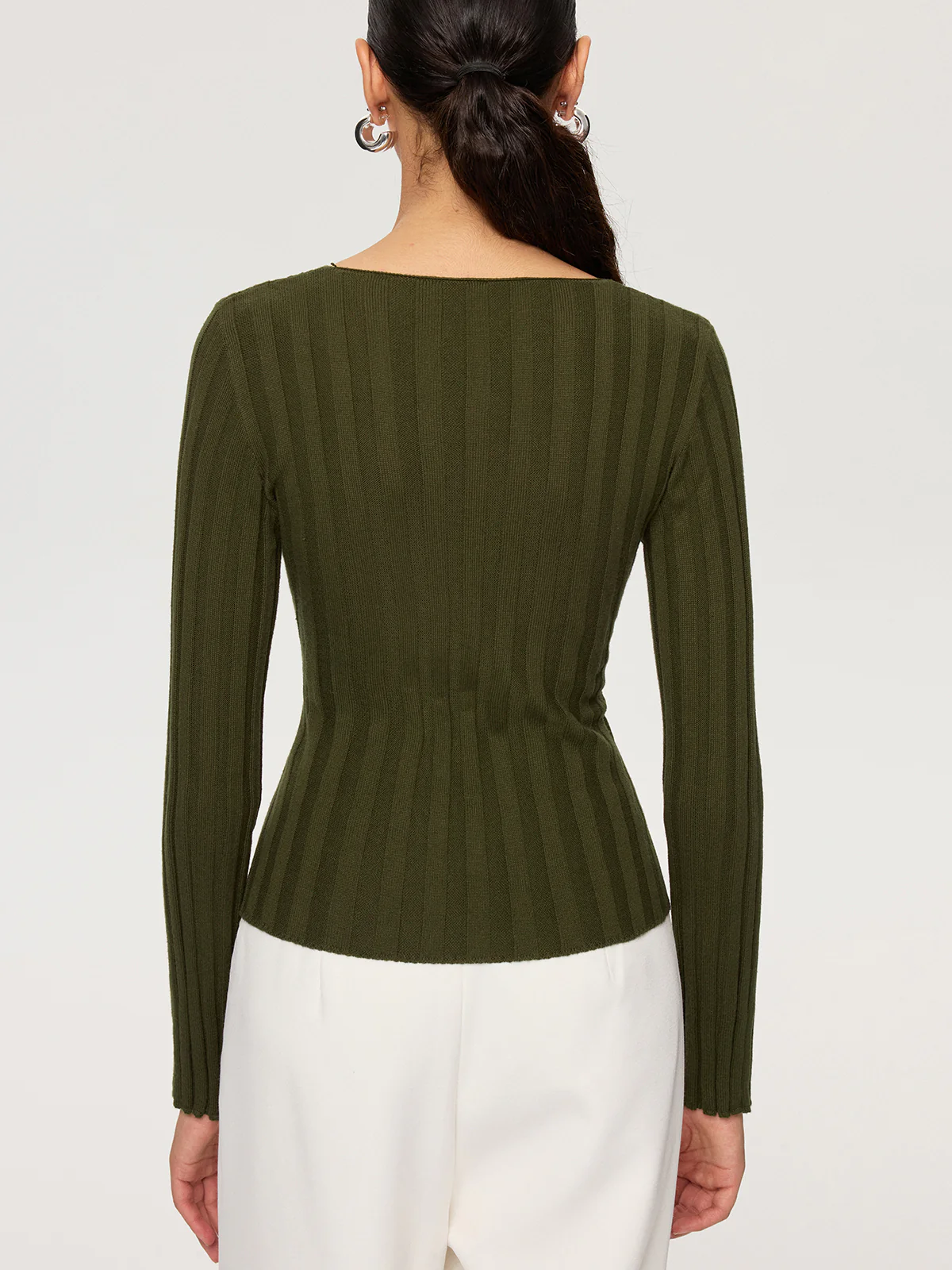 Cross-Over V-Neck Fitted Ribbed Knit Top - Image 5