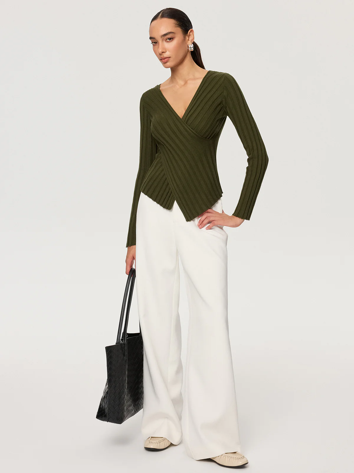 Cross-Over V-Neck Fitted Ribbed Knit Top - Image 6