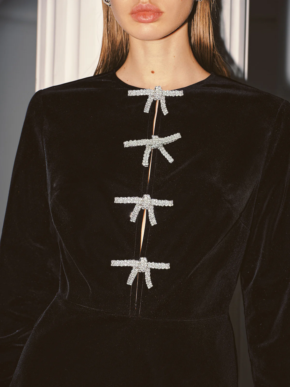 Crystal Bow Detail Velvet Mini Dress - Image 2