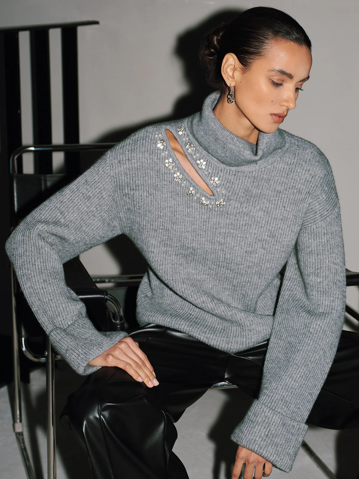 Crystal-Embellished Cut-Out Turtleneck Sweater
