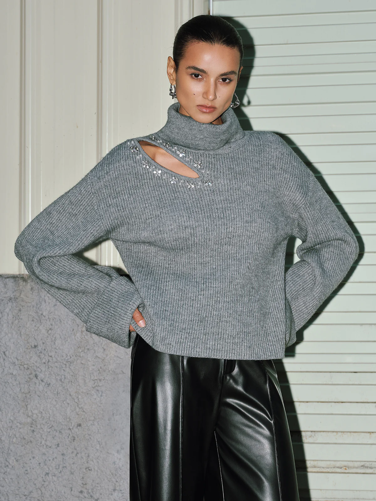 Crystal-Embellished Cut-Out Turtleneck Sweater - Image 4