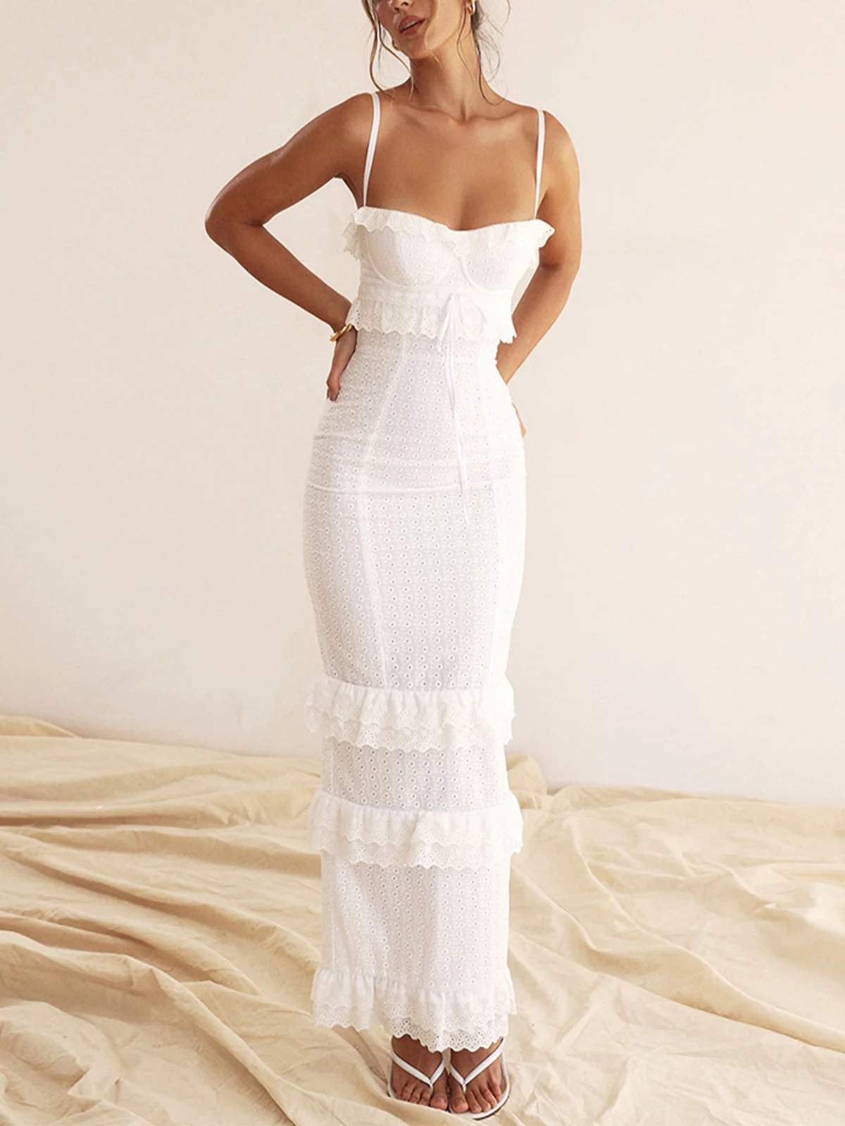 Cup Detail Layered Ruffle Eyelet Long Dress - Image 4