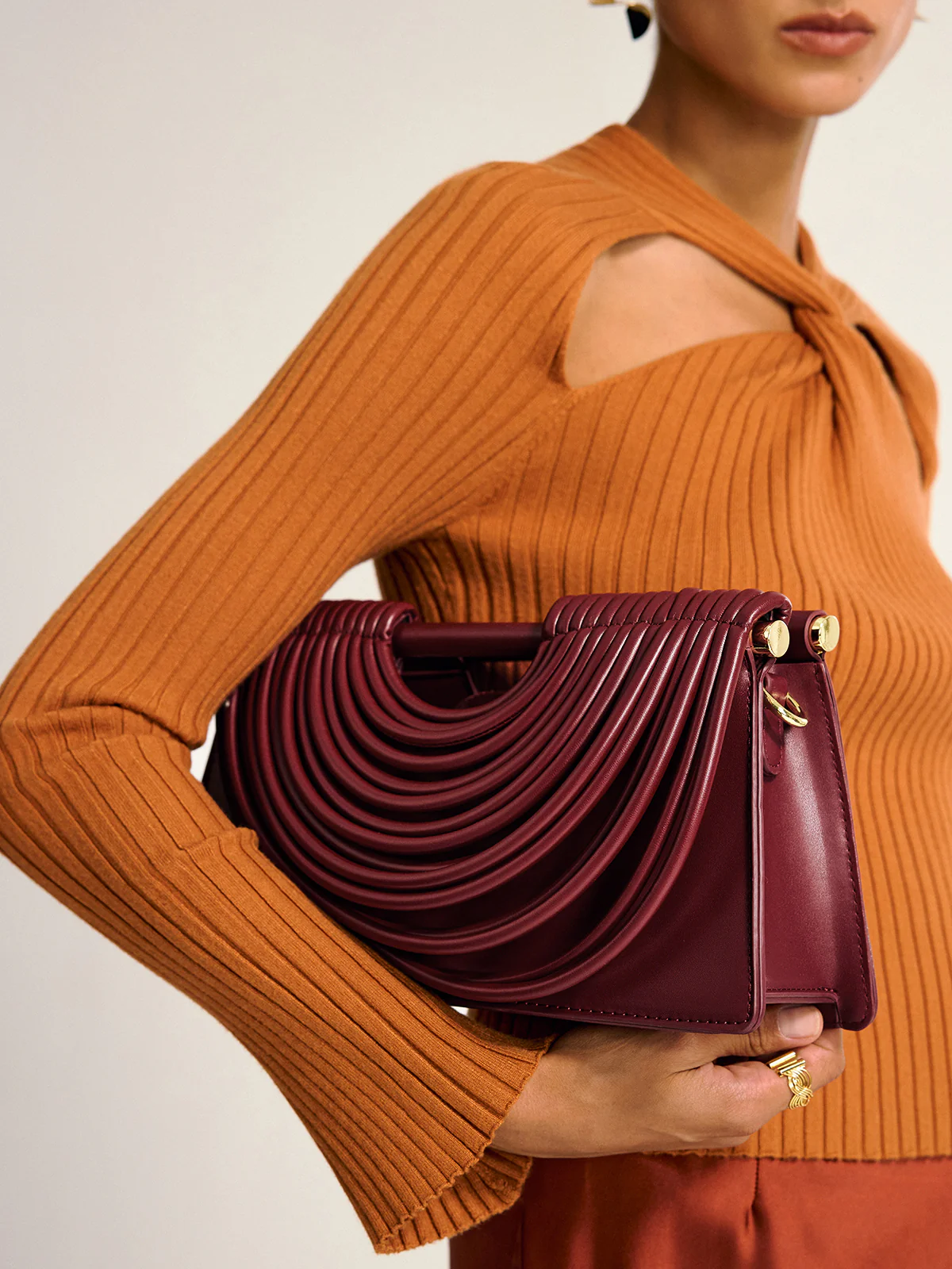 Curved Striped Handle PU Leather Bag - Image 2