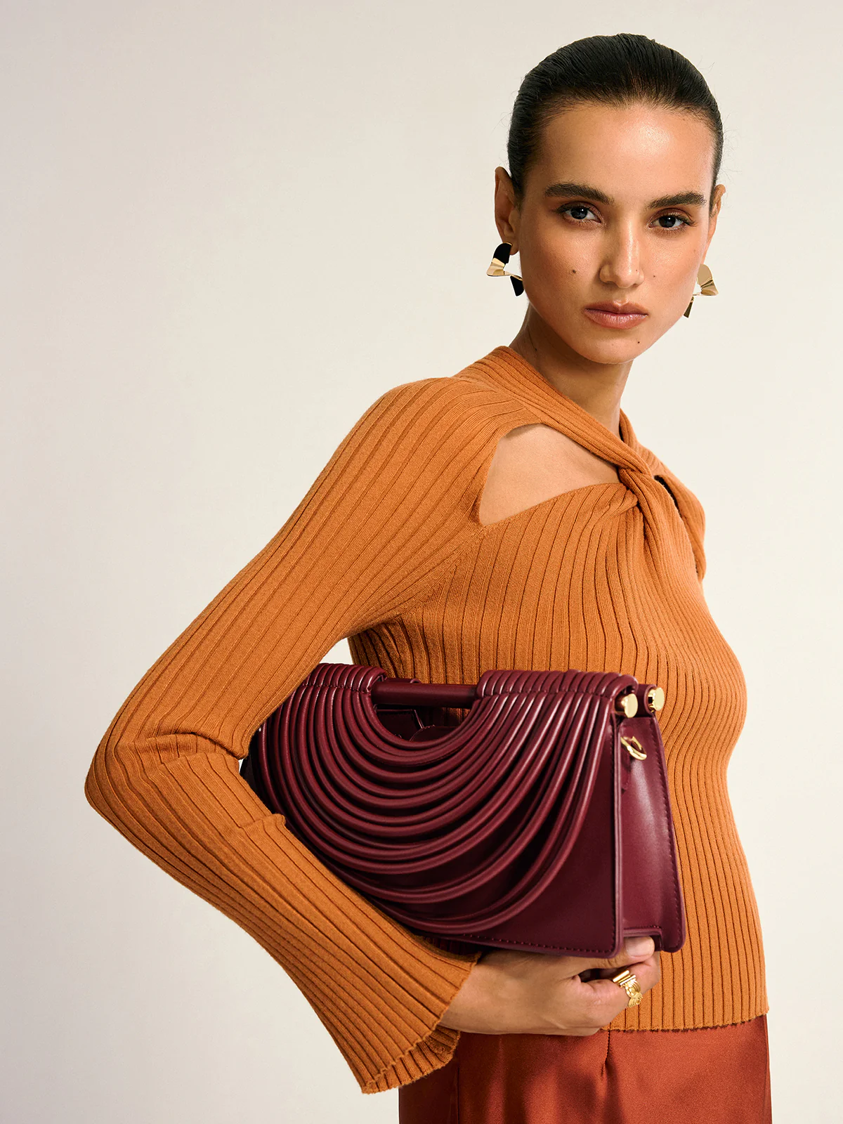Curved Striped Handle PU Leather Bag - Image 3